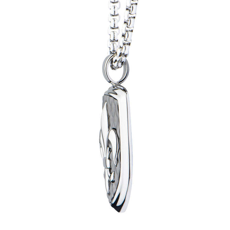 Polished Steel Finish Fleur de Lis Accent Mounted on a Brushed Gun Metal IP Pendant with Steel Box Chain