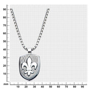 Polished Steel Finish Fleur de Lis Accent Mounted on a Brushed Gun Metal IP Pendant with Steel Box Chain