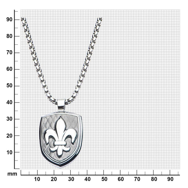 Polished Steel Finish Fleur de Lis Accent Mounted on a Brushed Gun Metal IP Pendant with Steel Box Chain