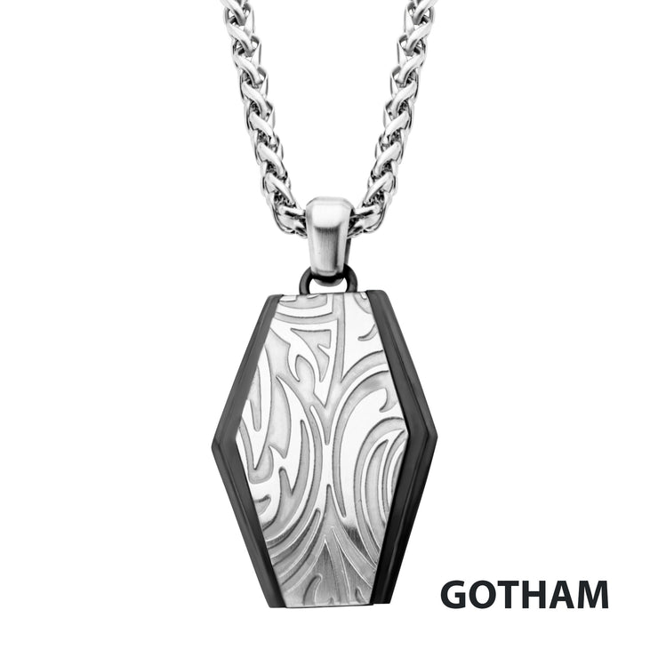 Polished Finish Black IP Frame with Brushed Finish Steel Grooves & Crests Dog Tag Pendant with Steel Wheat Chain