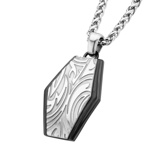 Polished Finish Black IP Frame with Brushed Finish Steel Grooves & Crests Dog Tag Pendant with Steel Wheat Chain