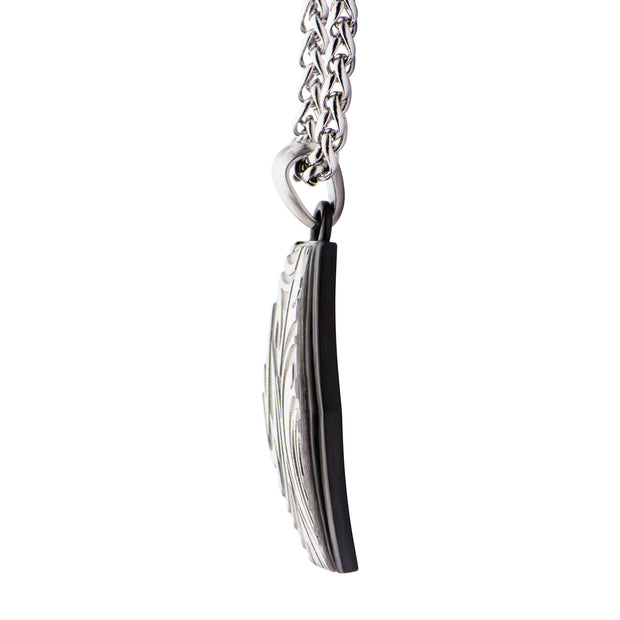 Polished Finish Black IP Frame with Brushed Finish Steel Grooves & Crests Dog Tag Pendant with Steel Wheat Chain