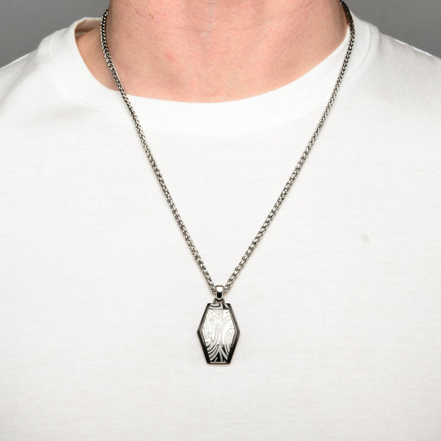 Polished Finish Black IP Frame with Brushed Finish Steel Grooves & Crests Dog Tag Pendant with Steel Wheat Chain
