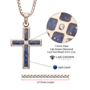 Matte Finish Stainless Steel Lapis Lazuli Stone Inlay with Lab-Grown Diamond Cross Pendant