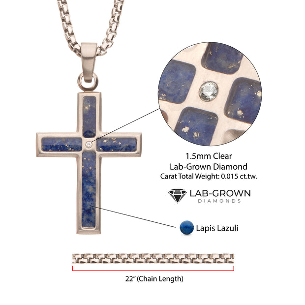 Matte Finish Stainless Steel Lapis Lazuli Stone Inlay with Lab-Grown Diamond Cross Pendant