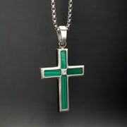 Matte Finish Stainless Steel Malachite Stone Inlay with Lab-Grown Diamond Cross Pendant
