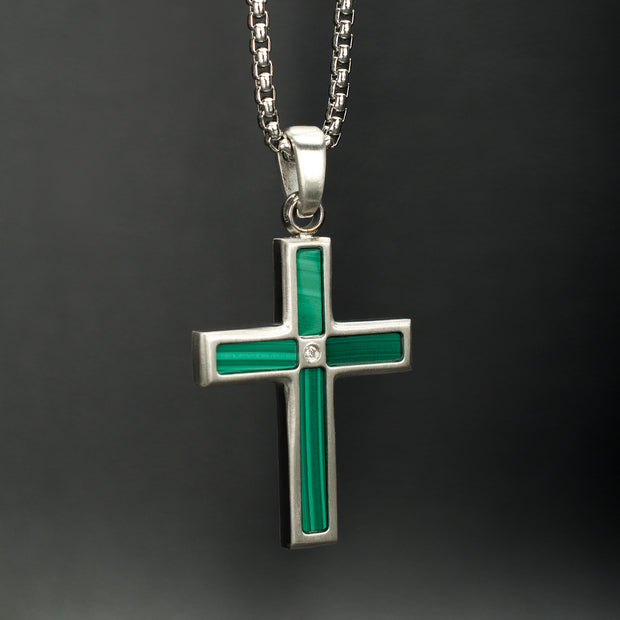 Matte Finish Stainless Steel Malachite Stone Inlay with Lab-Grown Diamond Cross Pendant