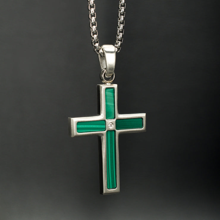 Matte Finish Stainless Steel Malachite Stone Inlay with Lab-Grown Diamond Cross Pendant