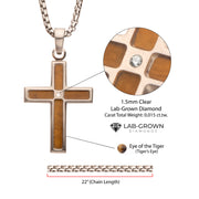 Matte Finish Stainless Steel Tiger Eye Stone Inlay with Lab-Grown Diamond Cross Pendant