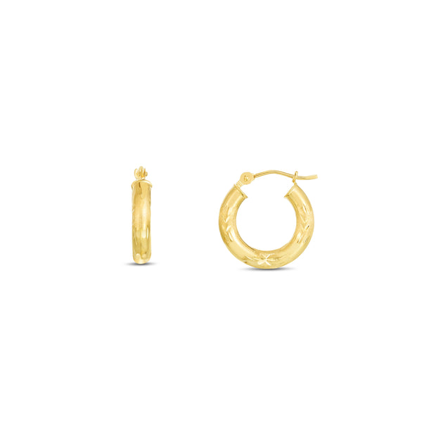 14K Yellow Gold 3mm Diamond Cut & Polished Design Hoop Earring