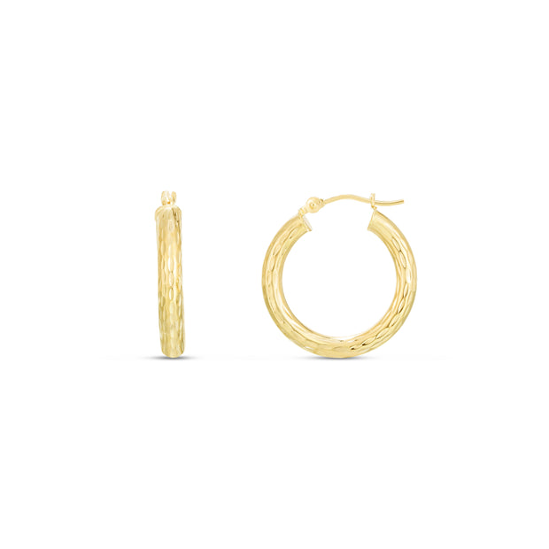 14K Yellow Gold 3x20mm Diamond Cut Hoop Earring