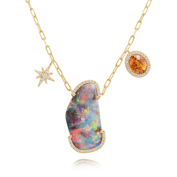 18K Yellow Gold Australian Boulder Opal/Mandarin Garnet/Diamond Neckpiece