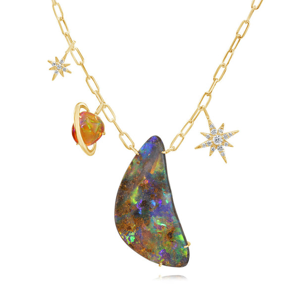 14K Yellow Gold Australian Boulder Opal/Fire Opal/Diamond Neckpiece