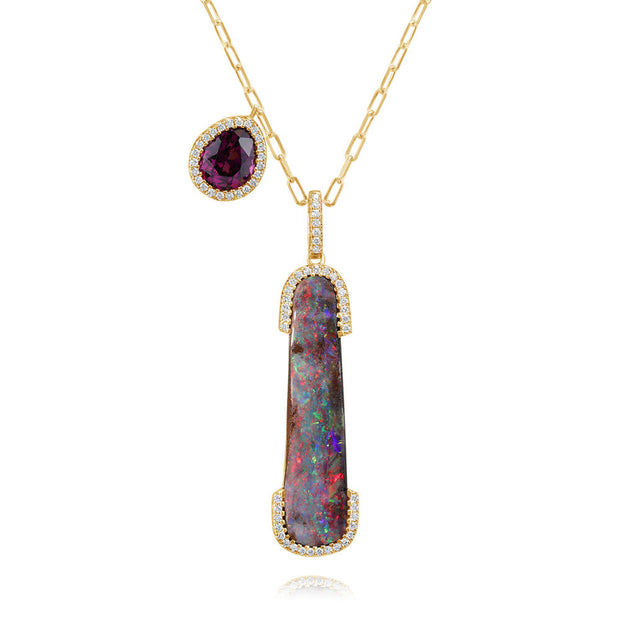 18K Yellow Gold Australian Boulder Opal/Purple Garnet/Diamond Neckpiece