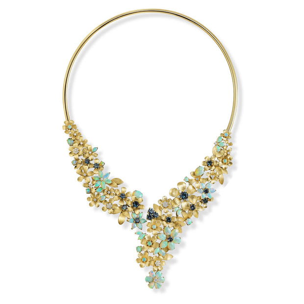 18K Yellow Gold Australian Opal/Montana Sapphire/ Diamond Flower Neckpiece