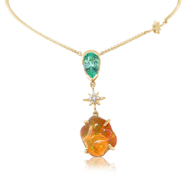 14K Yellow Gold Fire Opal/Tsavorite/Diamond Neckpiece