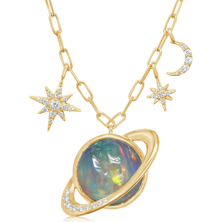 18K Yellow Gold Mexican Fire Opal/Diamond Saturn Neckpiece