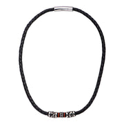Black Full Grain Cowhide Leather with Red Orange Steel Necklace