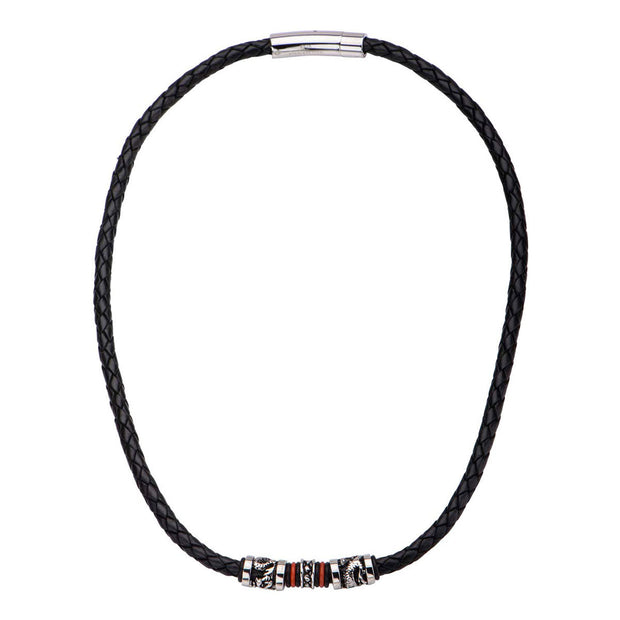 Black Full Grain Cowhide Leather with Red Orange Steel Necklace