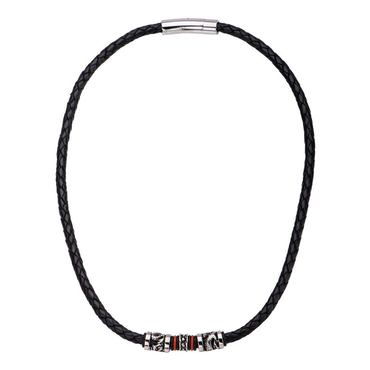 Black Full Grain Cowhide Leather with Red Orange Steel Necklace