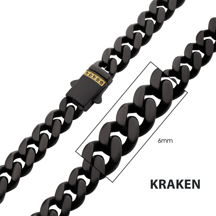 6mm Black IP Steel Matte Finish Miami Cuban Chain Necklace with Genuine Black Sapphire Gem