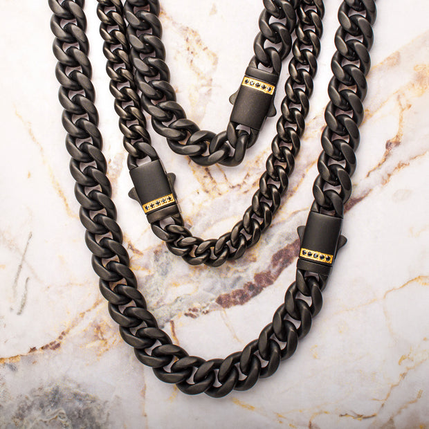 6mm Black IP Steel Matte Finish Miami Cuban Chain Necklace with Genuine Black Sapphire Gem