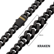 8mm Black IP Steel Matte Finish Miami Cuban Chain Necklace with Genuine Black Sapphire Gem