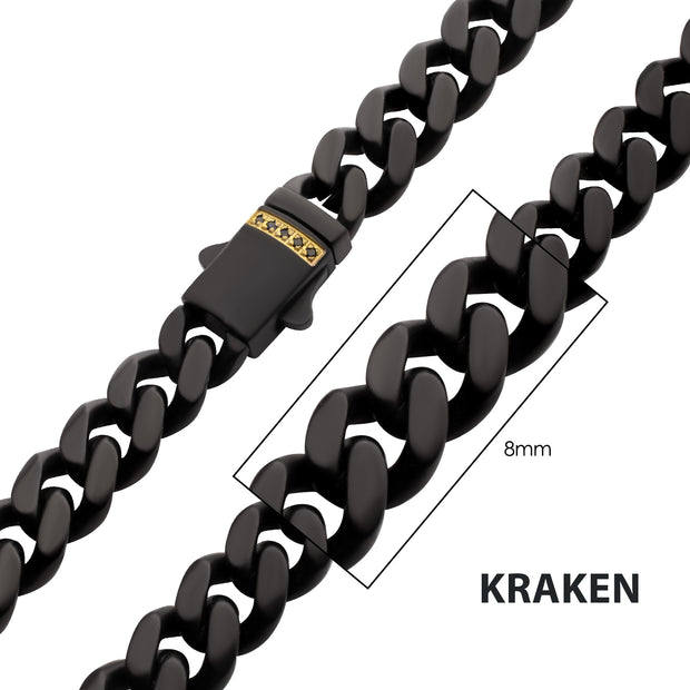 8mm Black IP Steel Matte Finish Miami Cuban Chain Necklace with Genuine Black Sapphire Gem