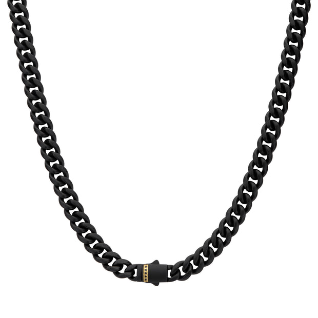 8mm Black IP Steel Matte Finish Miami Cuban Chain Necklace with Genuine Black Sapphire Gem
