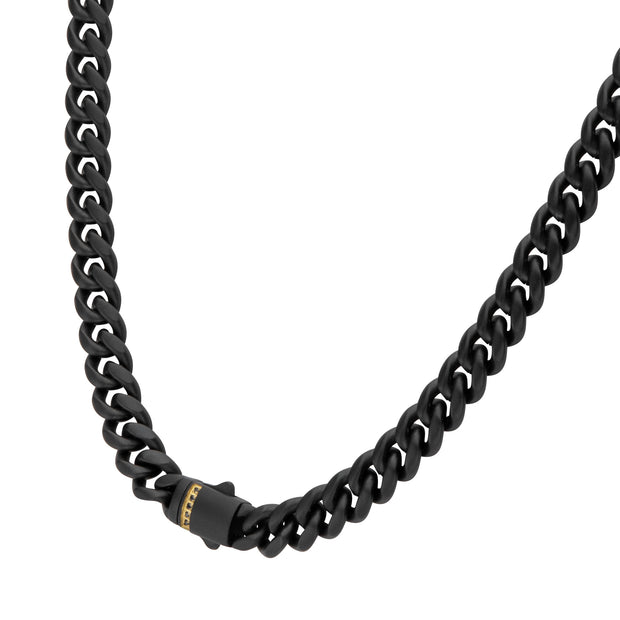 8mm Black IP Steel Matte Finish Miami Cuban Chain Necklace with Genuine Black Sapphire Gem