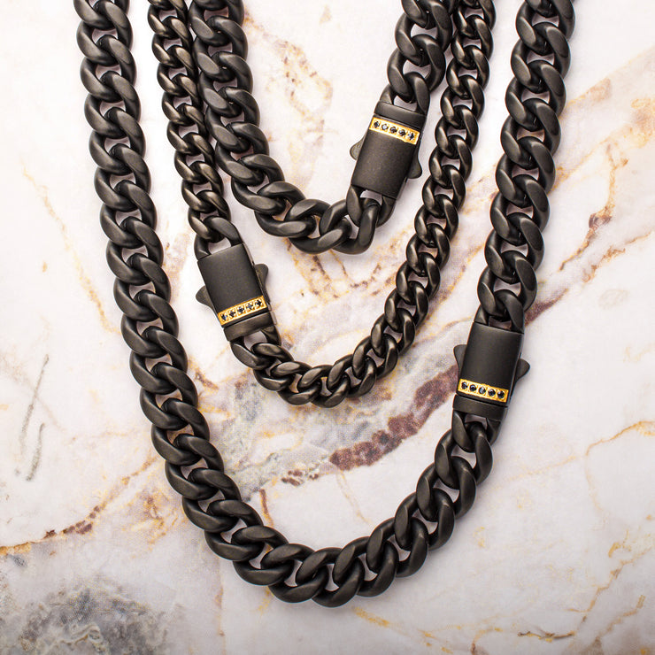 8mm Black IP Steel Matte Finish Miami Cuban Chain Necklace with Genuine Black Sapphire Gem