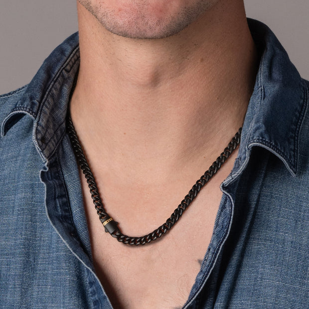8mm Black IP Steel Matte Finish Miami Cuban Chain Necklace with Genuine Black Sapphire Gem