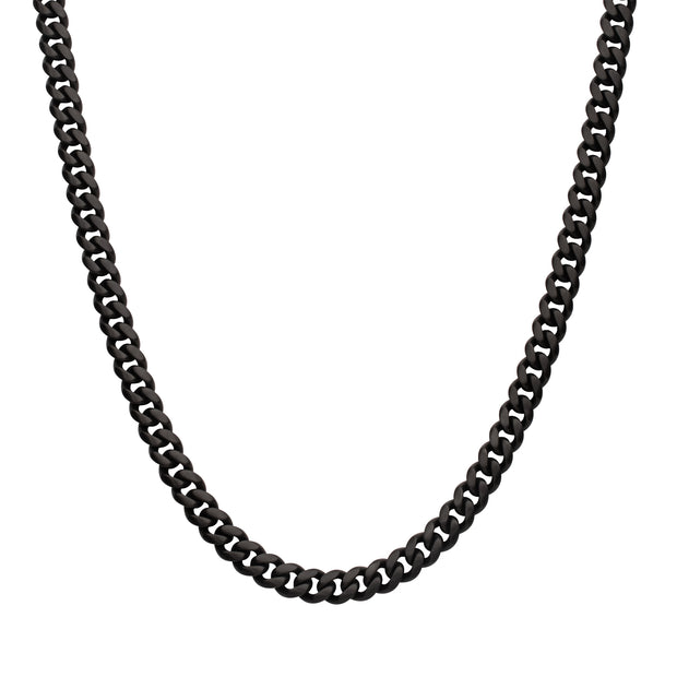 6mm Black IP Steel Matte Finish Miami Cuban Chain Necklace with Genuine Black Sapphire Gem