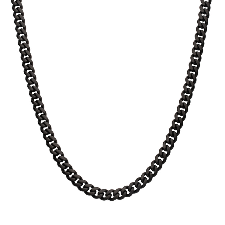 6mm Black IP Steel Matte Finish Miami Cuban Chain Necklace with Genuine Black Sapphire Gem