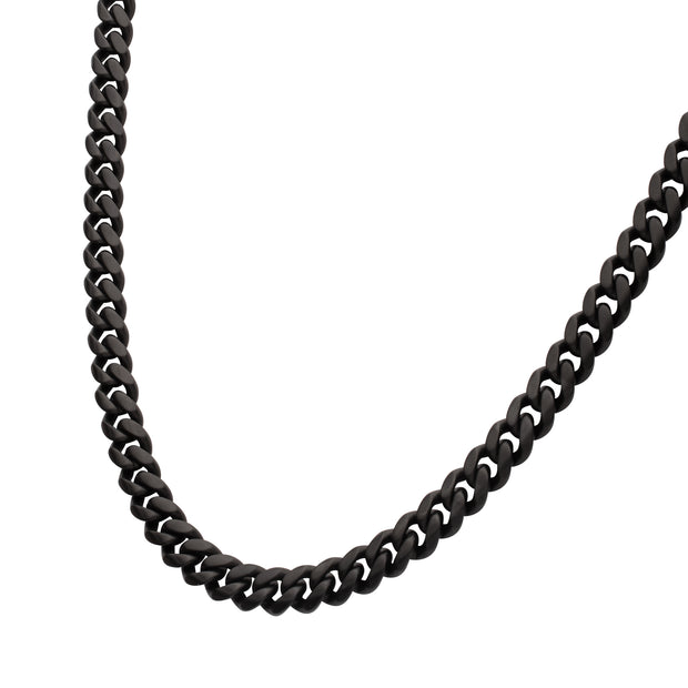 6mm Black IP Steel Matte Finish Miami Cuban Chain Necklace with Genuine Black Sapphire Gem