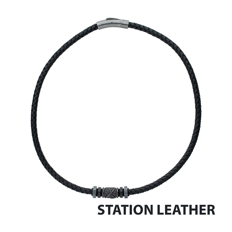 Black Full Grain Cowhide Leather Braided Necklace with Gun Metal Beads