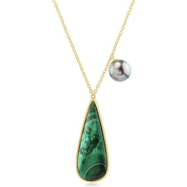14K Yellow Gold Chatoyant Malachite/Tahitian Pearl Neckpiece