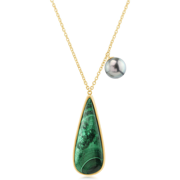 14K Yellow Gold Chatoyant Malachite/Tahitian Pearl Neckpiece