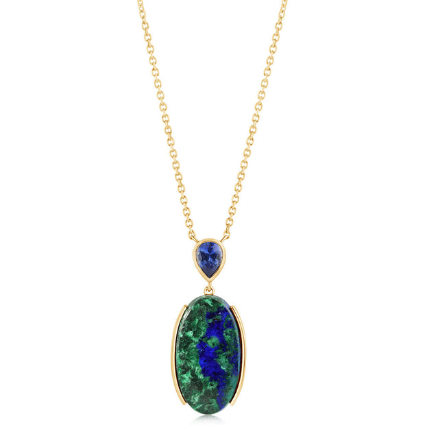 14K Yellow Gold Malachite Azurite/Ceylon Sapphire Neckpiece