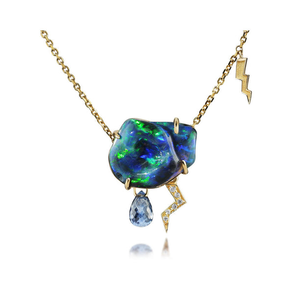 14K Yellow Gold Australian Black Opal/Sapphire/Diamond Cloud Neckpiece