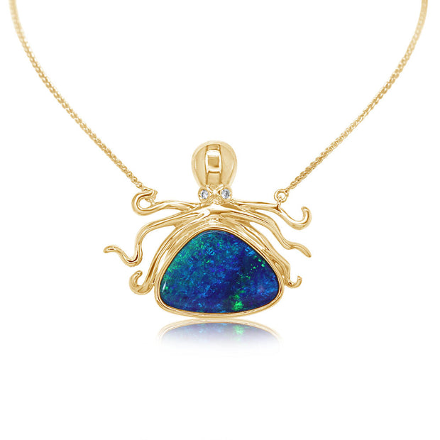 14K Yellow Gold Australian Opal Doublet/Diamond Octopus Neckpiece