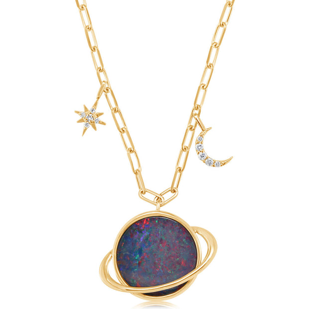 14K Yellow Gold Australian Opal Doublet/Diamond Saturn Neckpiece