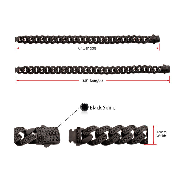 12mm Matte Black Cuban Bracelet with CNC-set Black Spinel Stones