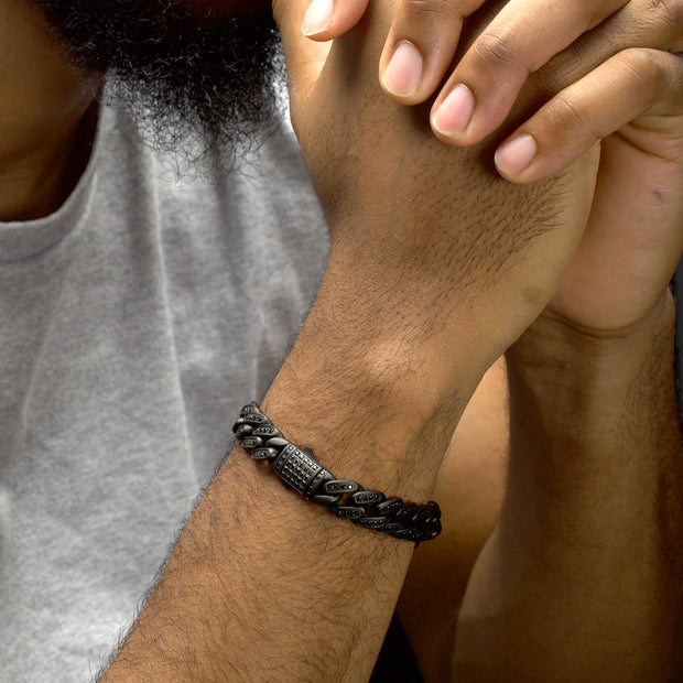 12mm Matte Black Cuban Bracelet with CNC-set Black Spinel Stones