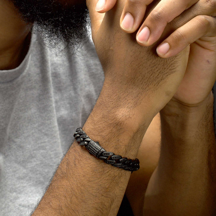 12mm Matte Black Cuban Bracelet with CNC-set Black Spinel Stones