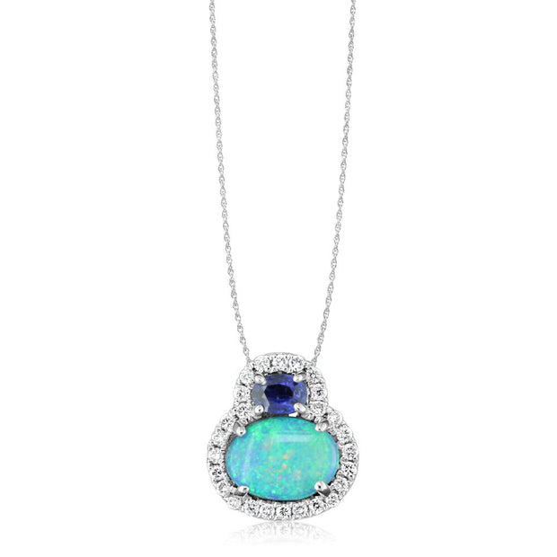 14K White Gold Australian Opal/Blue Sapphire/Diamond Pendant