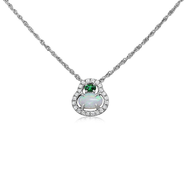14K White Gold Australian Opal/Tsavorite/Diamond Pendant