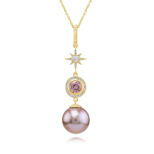 18K Yellow Gold Lavender Freshwater Pearl/Lotus Garnet/Australian Opal/Diamond Pendant