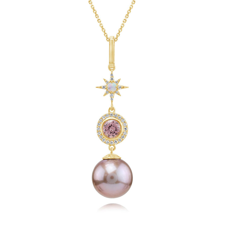 18K Yellow Gold Lavender Freshwater Pearl/Lotus Garnet/Australian Opal/Diamond Pendant