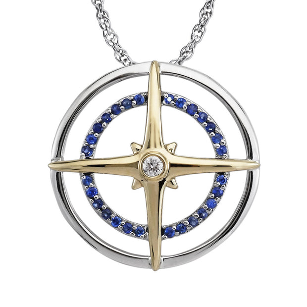 Sterling Silver /14K Yellow Gold Blue Sapphire/Diamond Compass Pendant